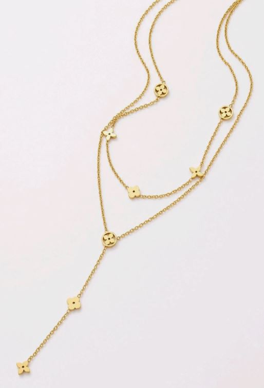Collier long multi-rangs fleurs en acier inoxydable doré