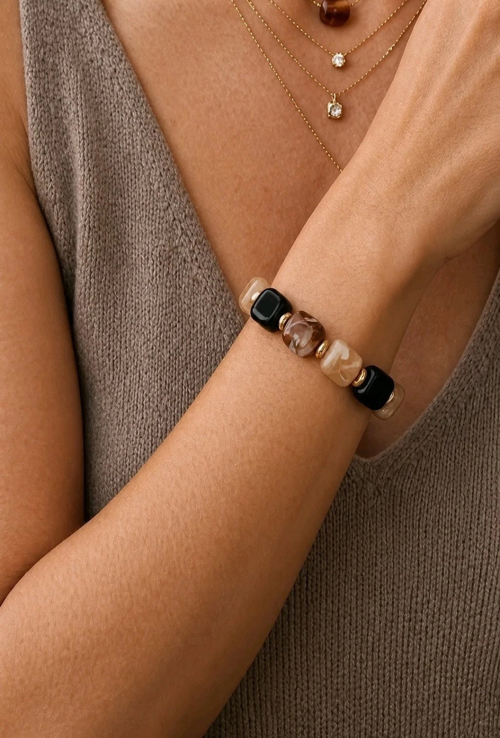 Bracelet Élastique Perles Résine & Acier Inoxydable Doré