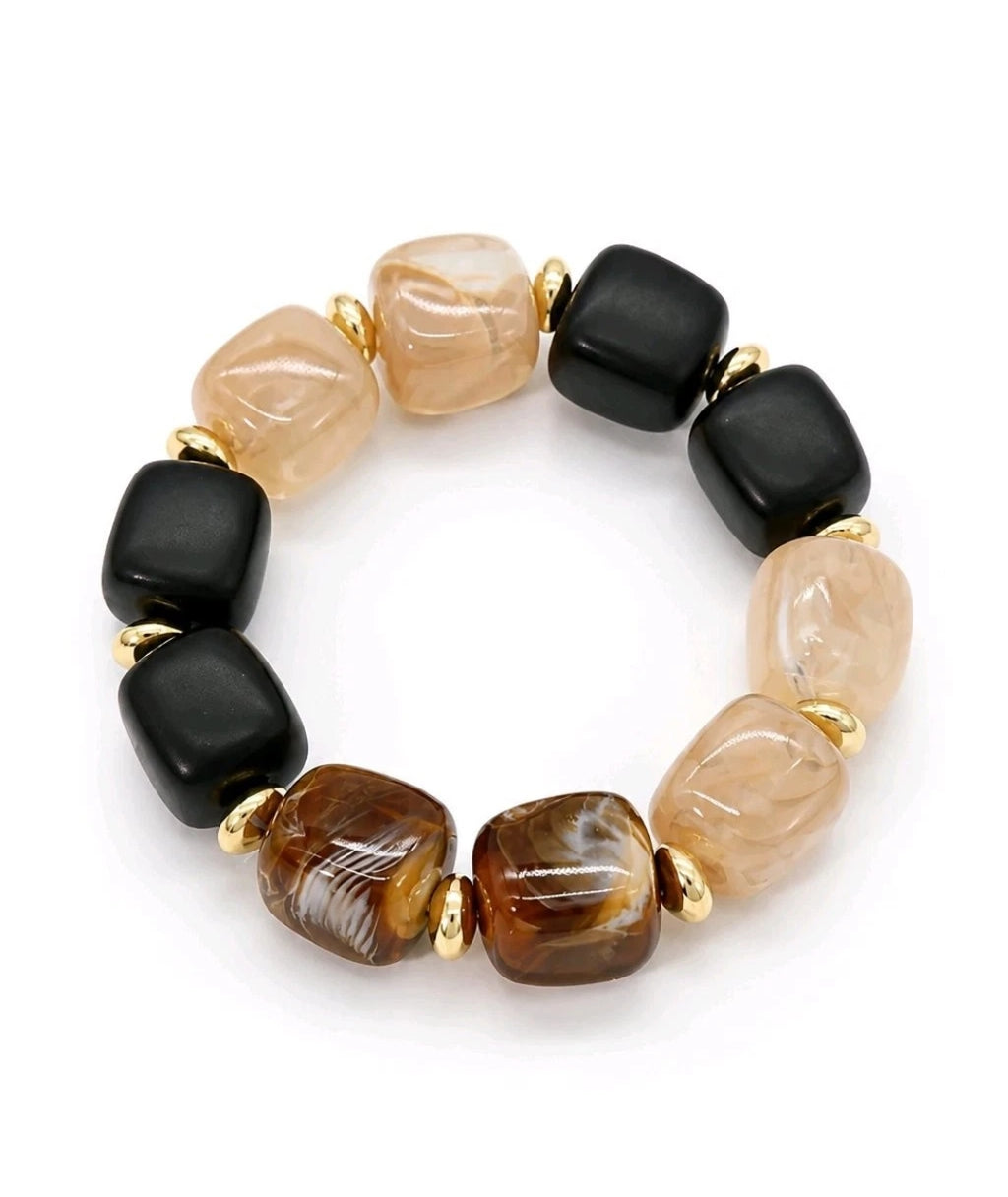 Bracelet Élastique Perles Résine & Acier Inoxydable Doré