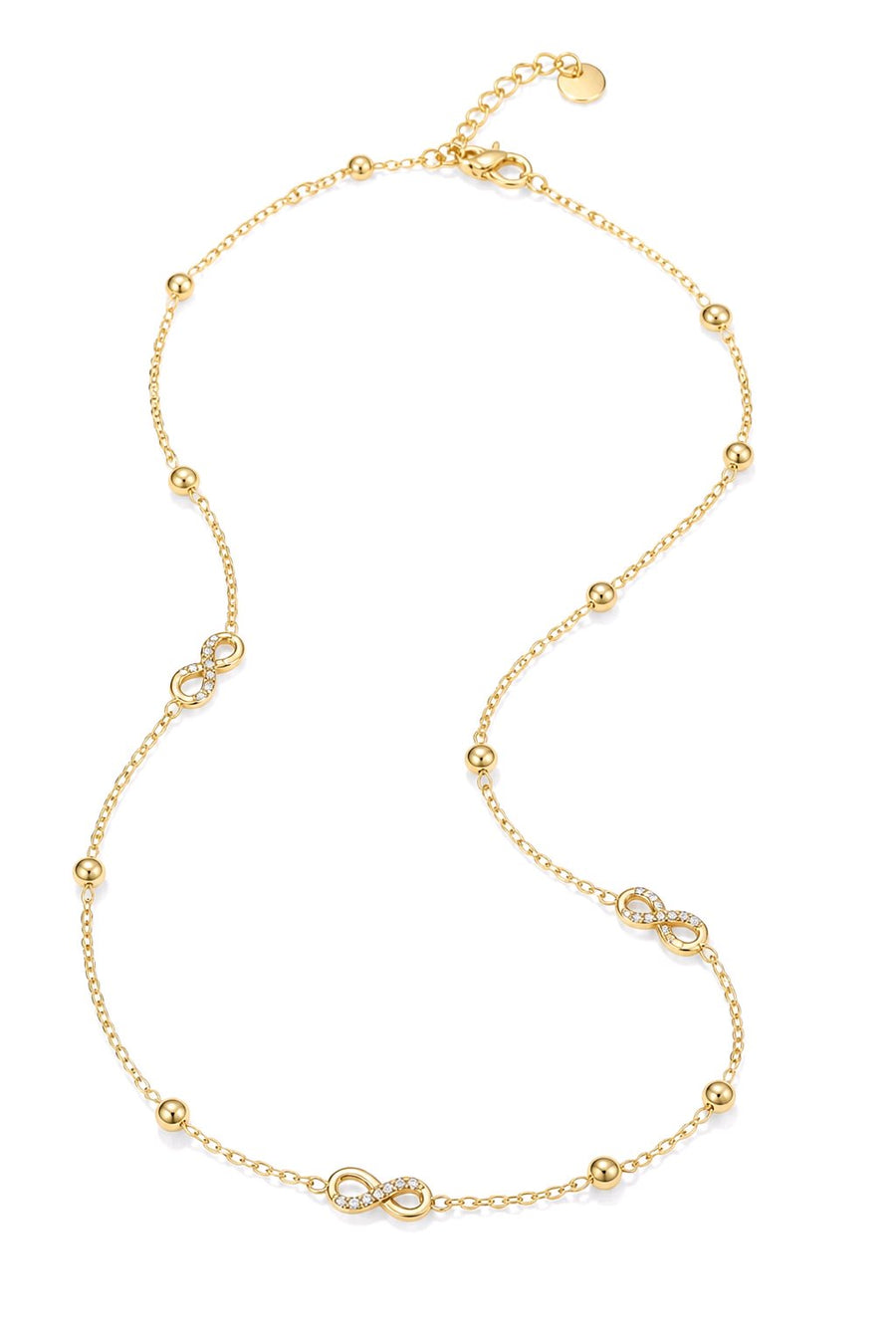 Collier chaîne billes et symboles infini strass acier inoxydable