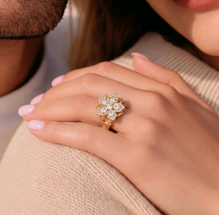 Bague Anti Stress Fleur Strass en Acier Inoxydable – Élégance & Détente