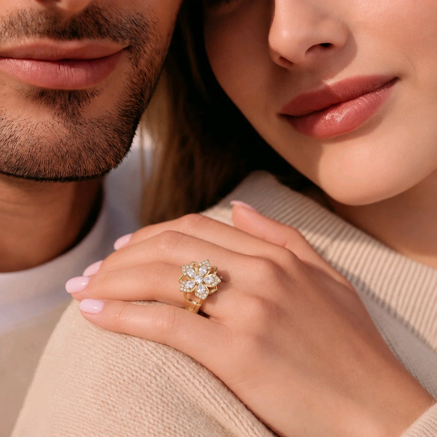 Bague Anti Stress Fleur Strass en Acier Inoxydable – Élégance & Détente