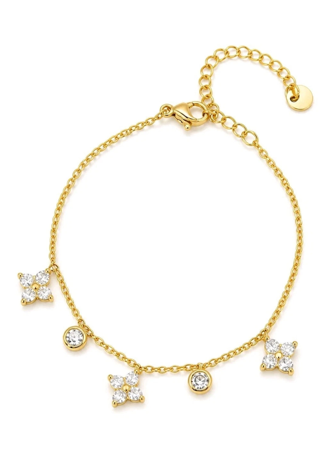 Bracelet chaîne acier inoxydable doré charmes trèfles strassés